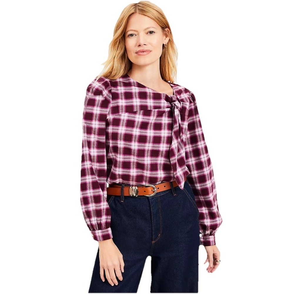 LOFT Womens Size Medium‎ 8/10 Red Plaid Cotton Knotted Blouse Casual